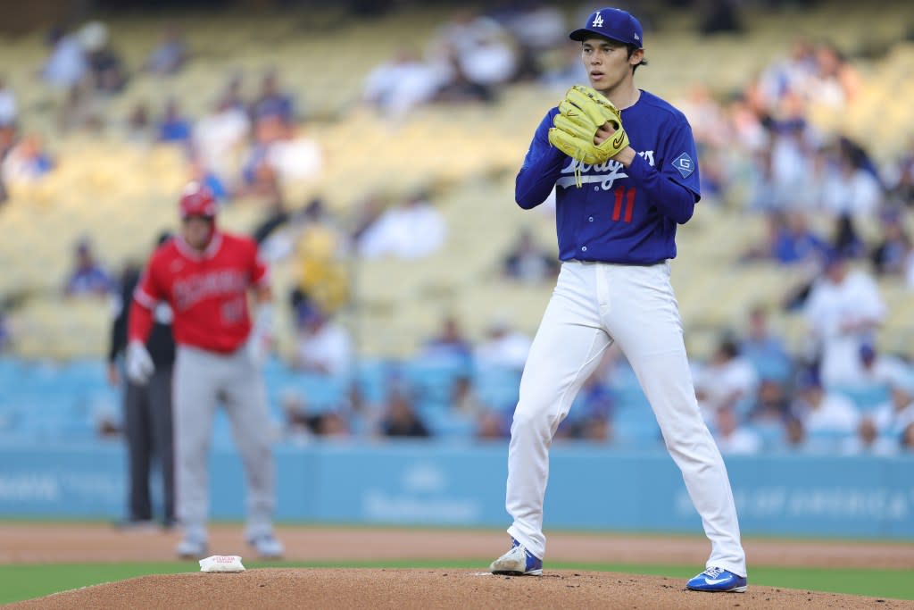 Roki Sasaki of the Los Angeles Dodgers throws against the Los Angeles Angels in the first inning at Dodger Stadium on March 23, 2026 in Los Angeles, California. Getty Images