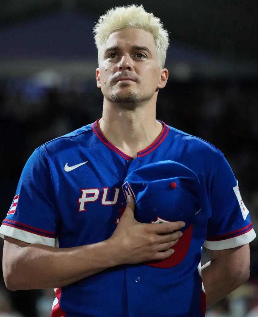 Kiké Hernández takes in the moment before Team Puerto Rico’s WBC game earlier in March. MLB Photos via Getty Images