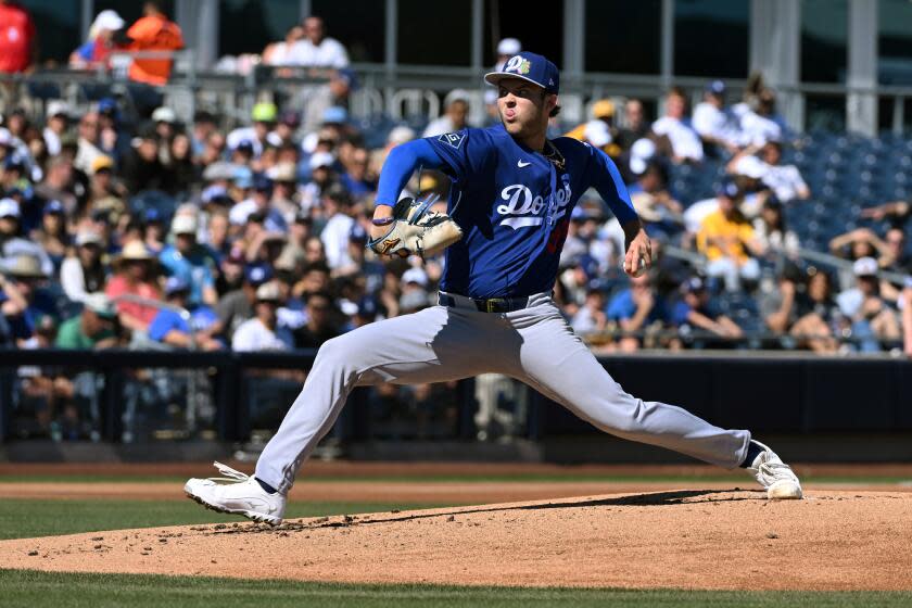PEORIA, ARIZONA - FEBRUARY 22: Jackson Ferris #93 of the Los Angeles Dodgers delivers a first inning pitch against the San Diego Padres during a spring training game at Peoria Stadium on February 22, 2026 in Peoria, Arizona. (Photo by Norm Hall/Getty Images)