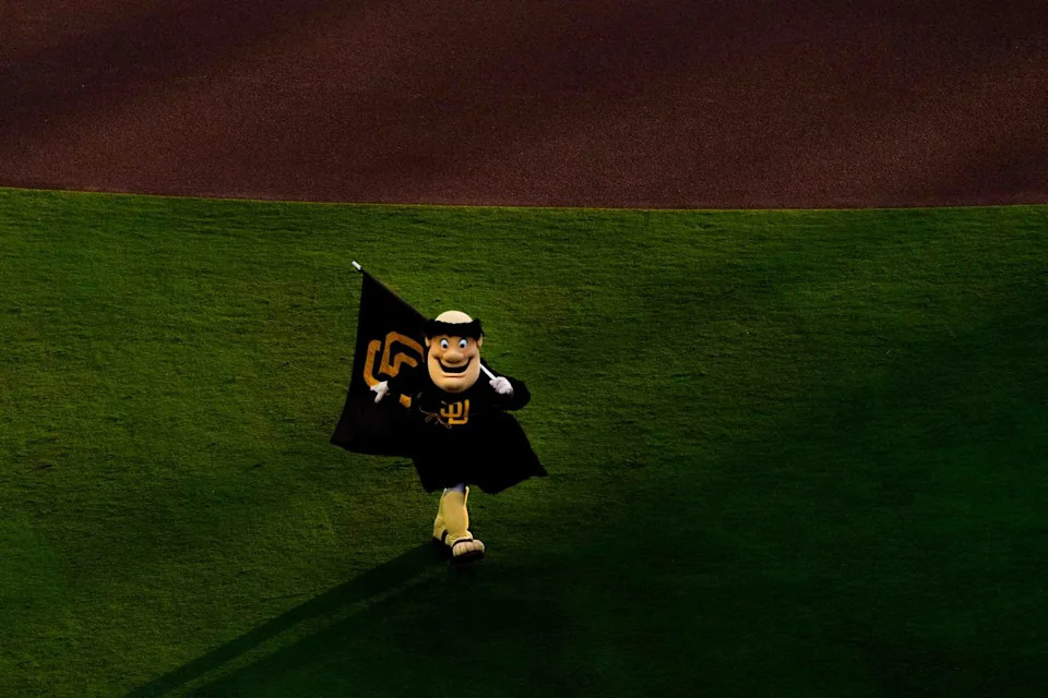 The Swingin' Friar walks through the outfield before an MLB game between the Detroit Tigers and the San Diego Padres, Friday March 27, 2026 at Petco Park in San Diego, Calif.