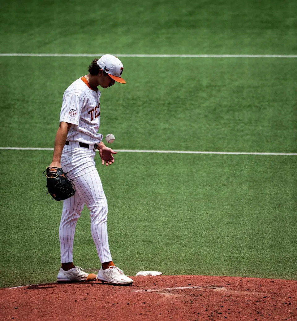 Texas Longhorns pitcher Luke Harrison (53) pitches during the second inning as the Texas Longhorns take on the Florida Gators, May 10, 2025. (Sara Diggins/American-Statesman)
