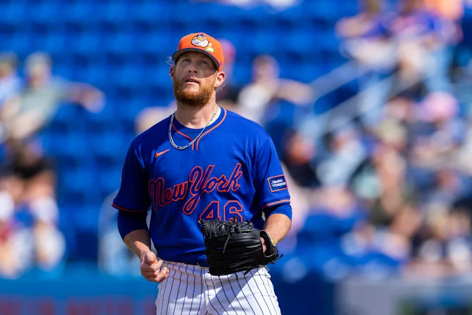Craig Kimbrel (46) reacts in the fourth inning against the Washington Nationals during Spring Training. Corey Sipkin for the NY POST