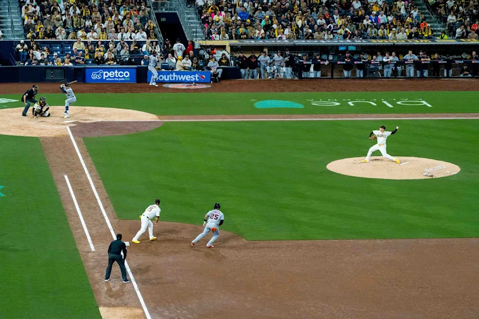 San Diego Padres relief pitcher Adrian Morejon (50) delivers a pitch during an MLB game between the Detroit Tigers and the San Diego Padres, Friday March 27, 2026 at Petco Park in San Diego, Calif.