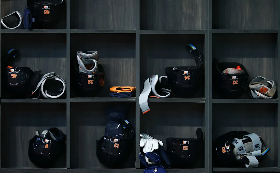 Detroit Tigers helmets in the dugout before the game against the Texas Rangers at Globe Life Field in Arlington, Texas, on Friday, July 18, 2025.