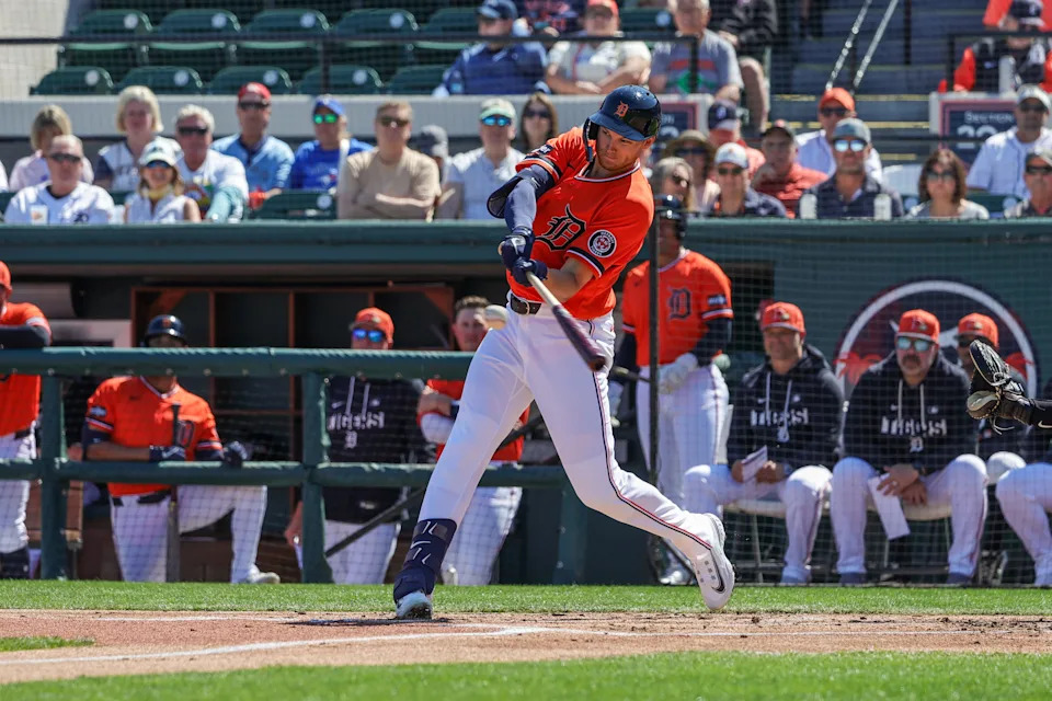 Detroit Tigers center fielder Parker Meadows bats during the first inning against the Toronto Blue Jays at Publix Field at Joker Marchant Stadium, Feb. 25, 2026, in Lakeland, Florida.