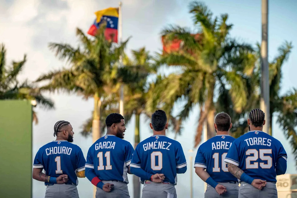 <p>The Venezuela national baseball team stands for the national anthem before their game against the Houston Astros during the World Baseball Classic at CACTI Park of the Palm Beaches in West Palm Beach, Fla., on March 4, 2026. Astros won the game 3-1.</p><br>