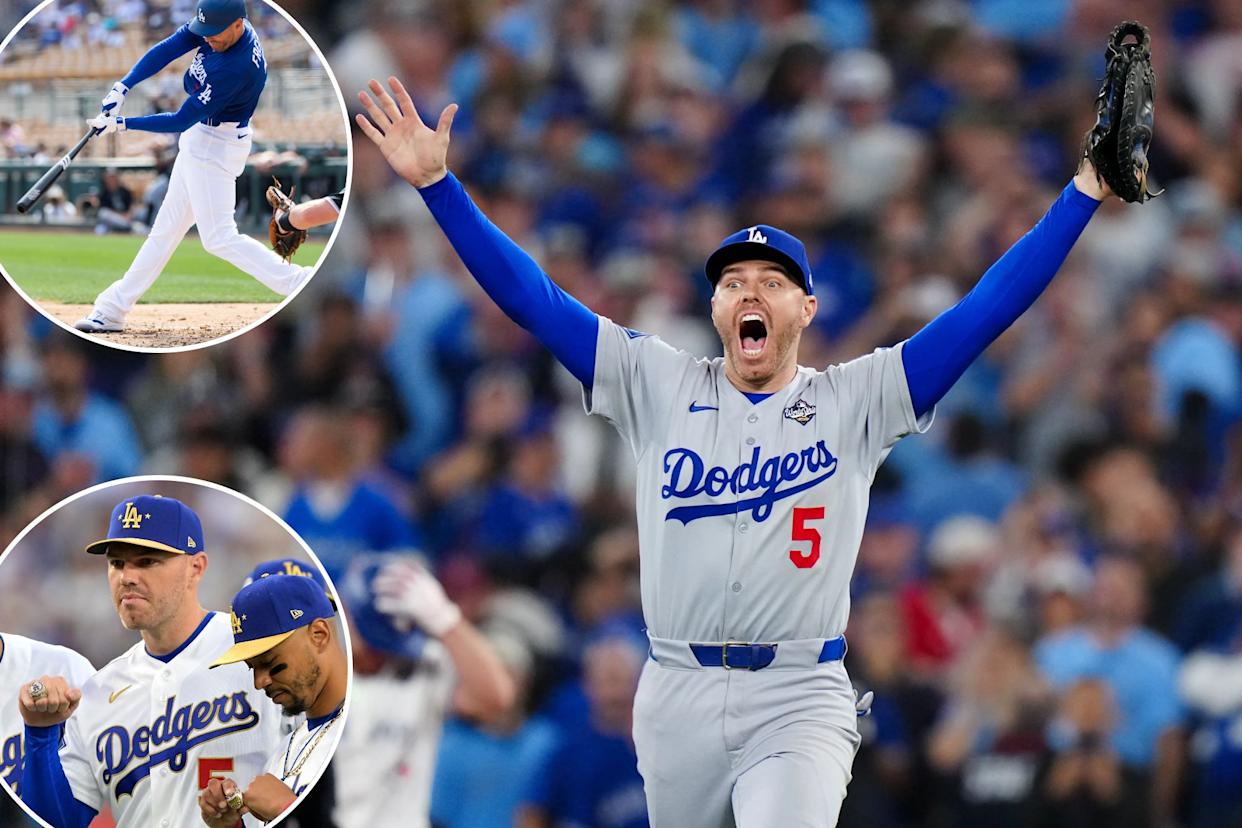 An image collage containing 3 images, Image 1 shows Freddie Freeman of the Los Angeles Dodgers celebrates winning Game 7 of the 2025 World Series, Image 2 shows Los Angeles Dodgers first baseman Freddie Freeman batting against the Chicago White Sox during a spring training game, Image 3 shows Los Angeles Dodgers players Shohei Ohtani, Freddie Freeman, and Mookie Betts with their World Series rings