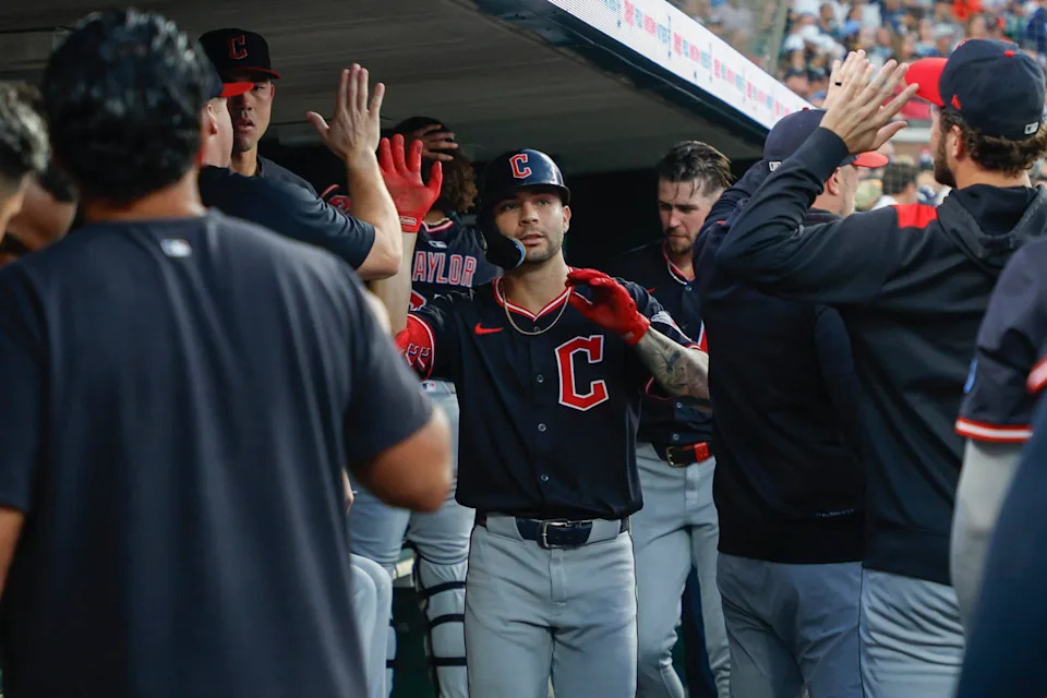 Sep 17, 2025; Detroit, Michigan, USA; Cleveland Guardians first baseman CJ Kayfus (63) celebrates with teammates after scoring in the third inning against the Detroit Tigers at Comerica Park. Mandatory Credit: Brian Bradshaw Sevald-Imagn Images