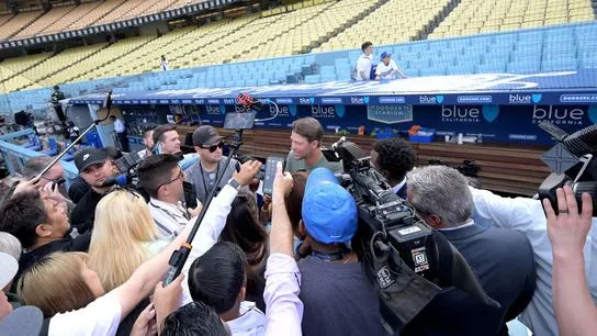 Former Los Angeles Dodgers pitcher Clayton Kershaw talks to the media prior to the game against the Arizona Diamondbacks at Dodger Stadium. 