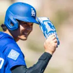 Feb 21, 2026; Tempe, Arizona, USA; Los Angeles Dodgers designated hitter Shohei Ohtani against the Los Angeles Angels during a spring training game at Tempe Diablo Stadium. Mandatory Credit: Mark J. Rebilas-Imagn Images