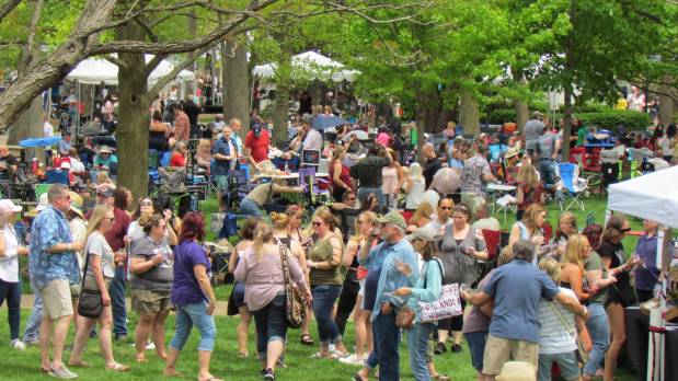 Wine enthusiasts fill Hudson Crossing Park for the Wine on the Fox festival in downtown Oswego in 2024. (Linda Girardi/for The Beacon-News)