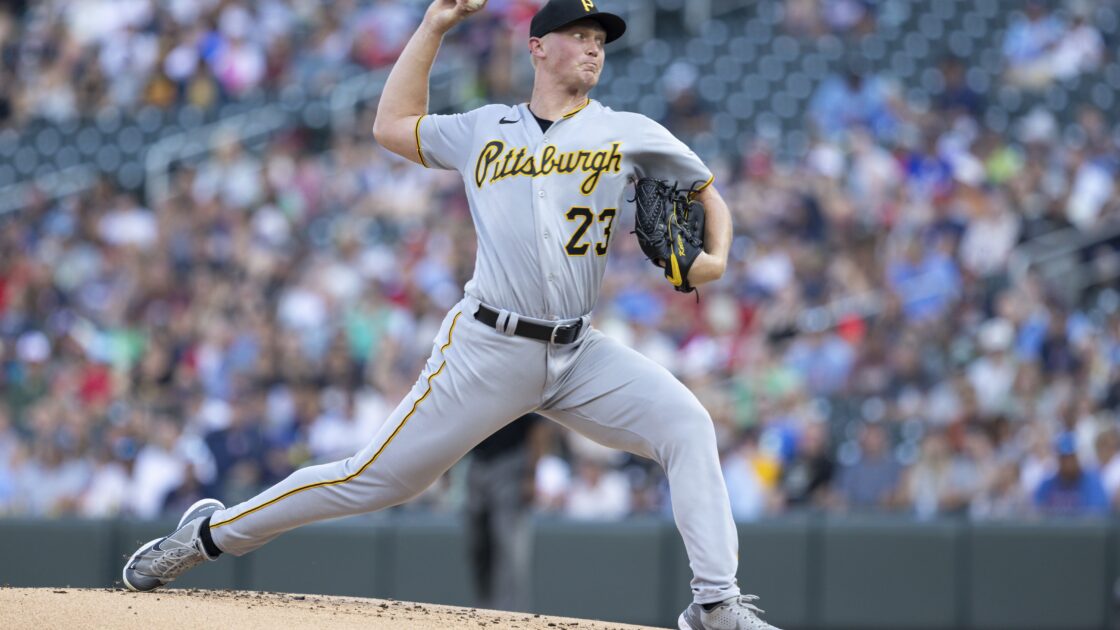 Pittsburgh Pirates starting pitcher Mitch Keller delivers a pitch to a Minnesota Twins batter during the first inning of a baseball game Saturday, Aug. 19, 2023, in Minneapolis. (AP Photo/Bailey Hillesheim)
