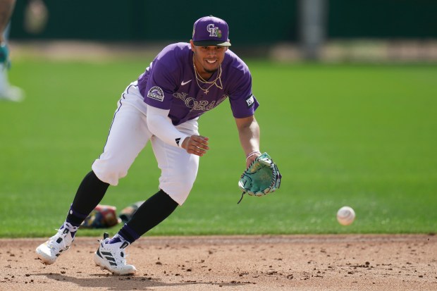 Colorado Rockies' Ezequiel Tovar works out during spring training baseball Tuesday, Feb. 17, 2026, in Scottsdale, Ariz. (AP Photo/Ross D. Franklin)