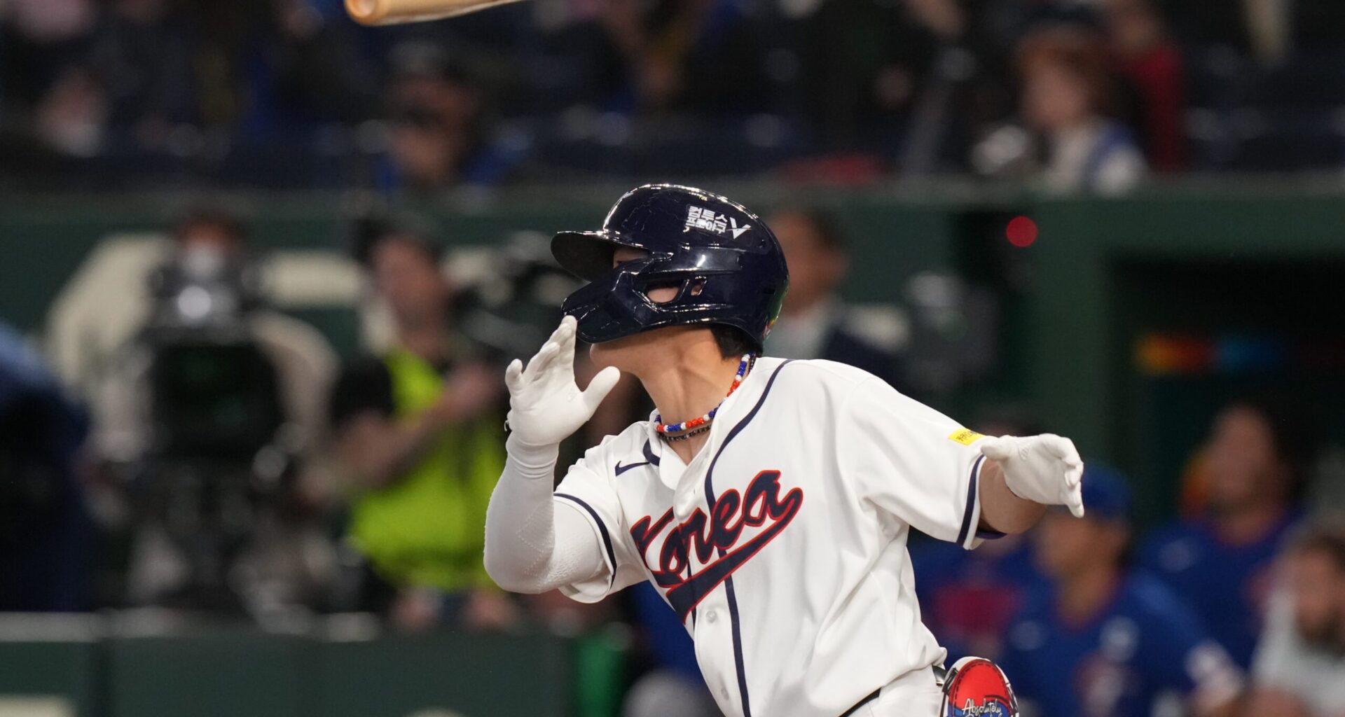 South Korea's Kim Do-yeong hits a double during the eight inning of a World Baseball Classic game between South Korea and Taiwan on Sunday, March 8, 2026 in Tokyo, Japan. (AP Photo/Eugene Hoshiko)