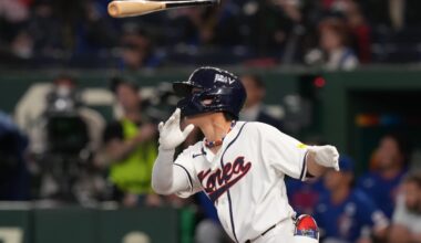 South Korea's Kim Do-yeong hits a double during the eight inning of a World Baseball Classic game between South Korea and Taiwan on Sunday, March 8, 2026 in Tokyo, Japan. (AP Photo/Eugene Hoshiko)