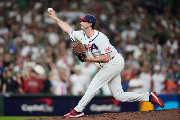 United States pitcher Garrett Whitlock throws to a Mexico batter during the ninth inning of a World Baseball Classic game, Monday, March 9, 2026, in Houston. (AP Photo/Ashley Landis)