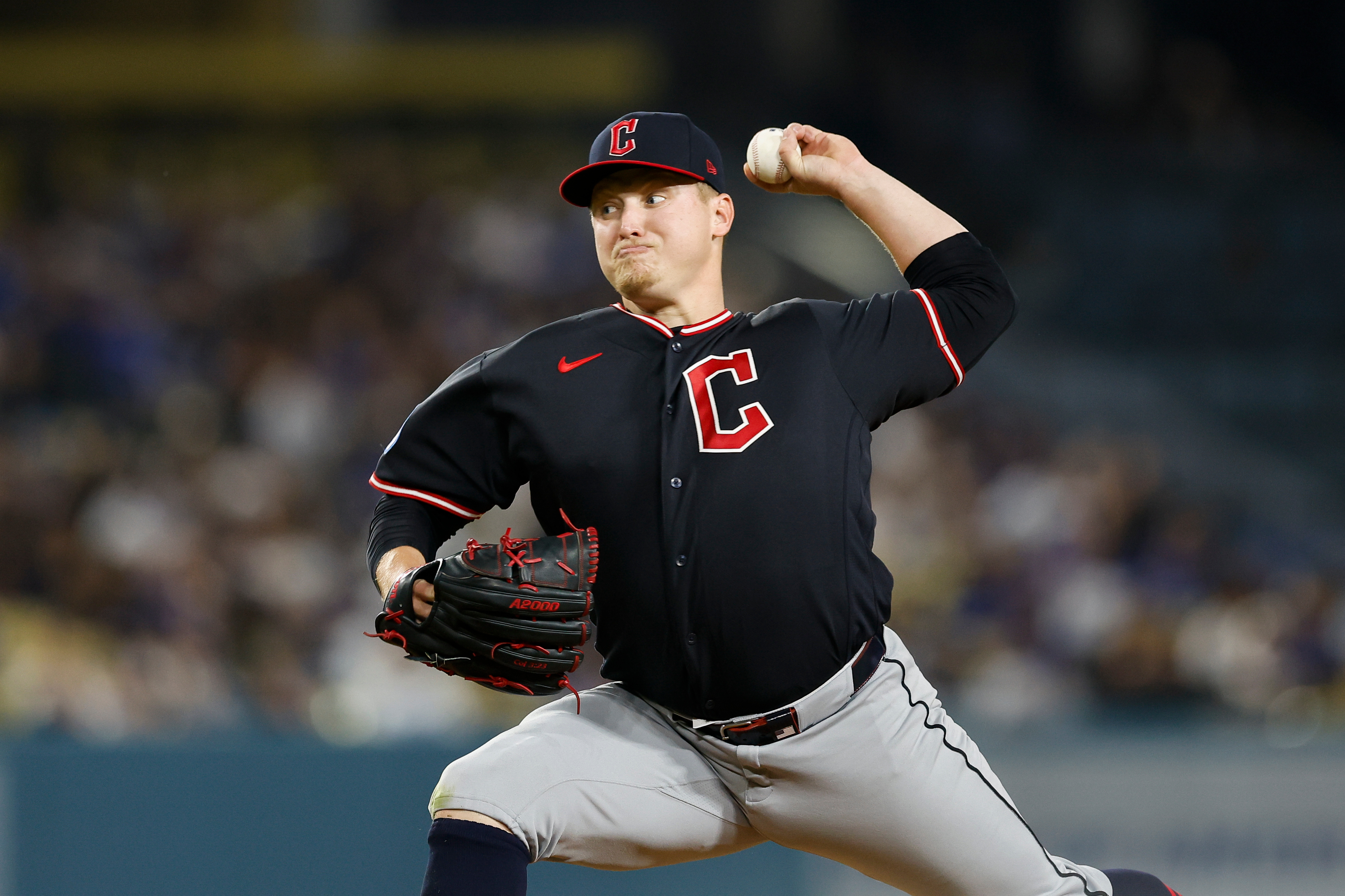 Cleveland Guardians starting pitcher Parker Messick throws to the plate...