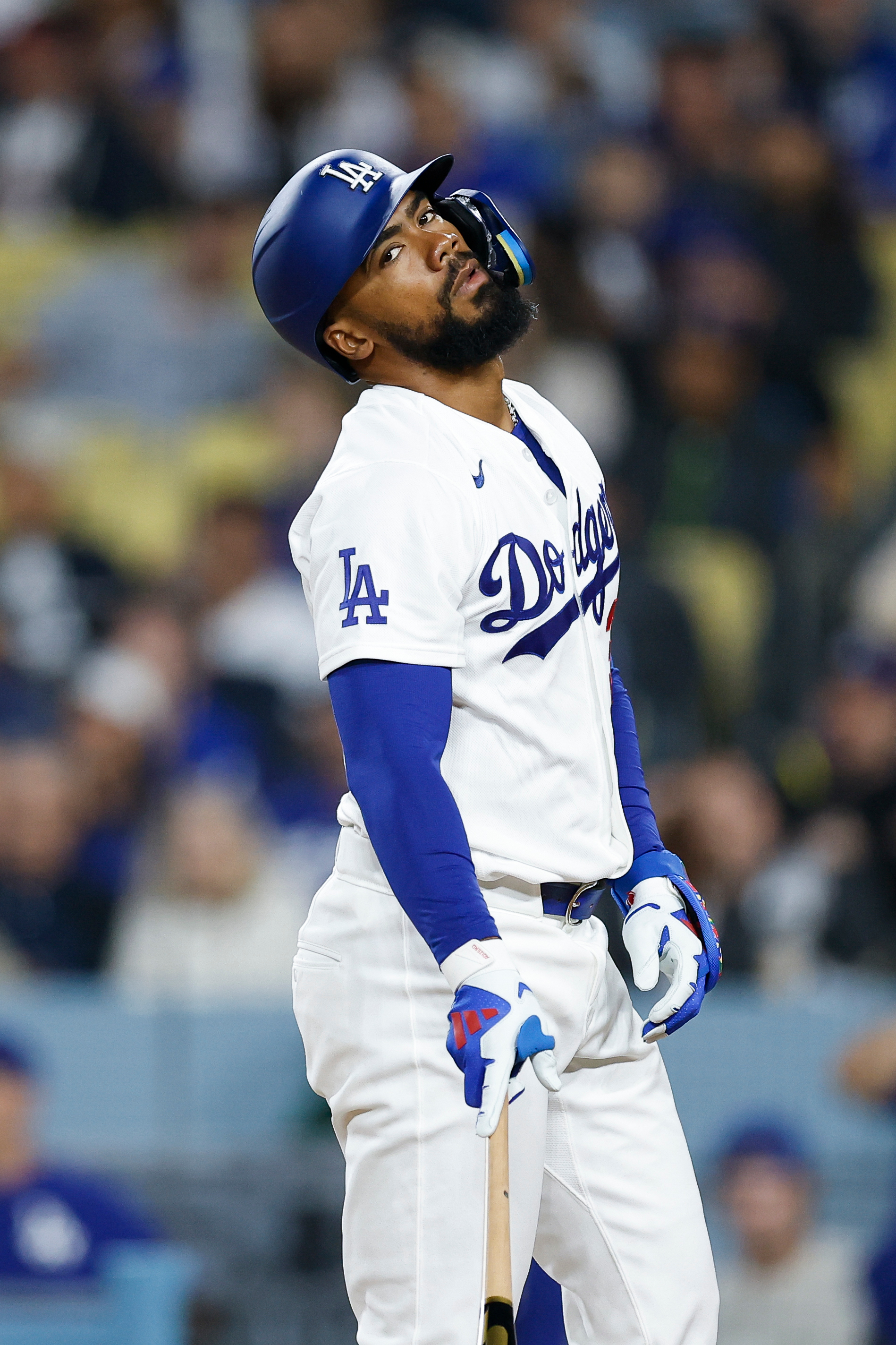The Dodgers’ Teoscar Hernandez reacts after striking out during the...