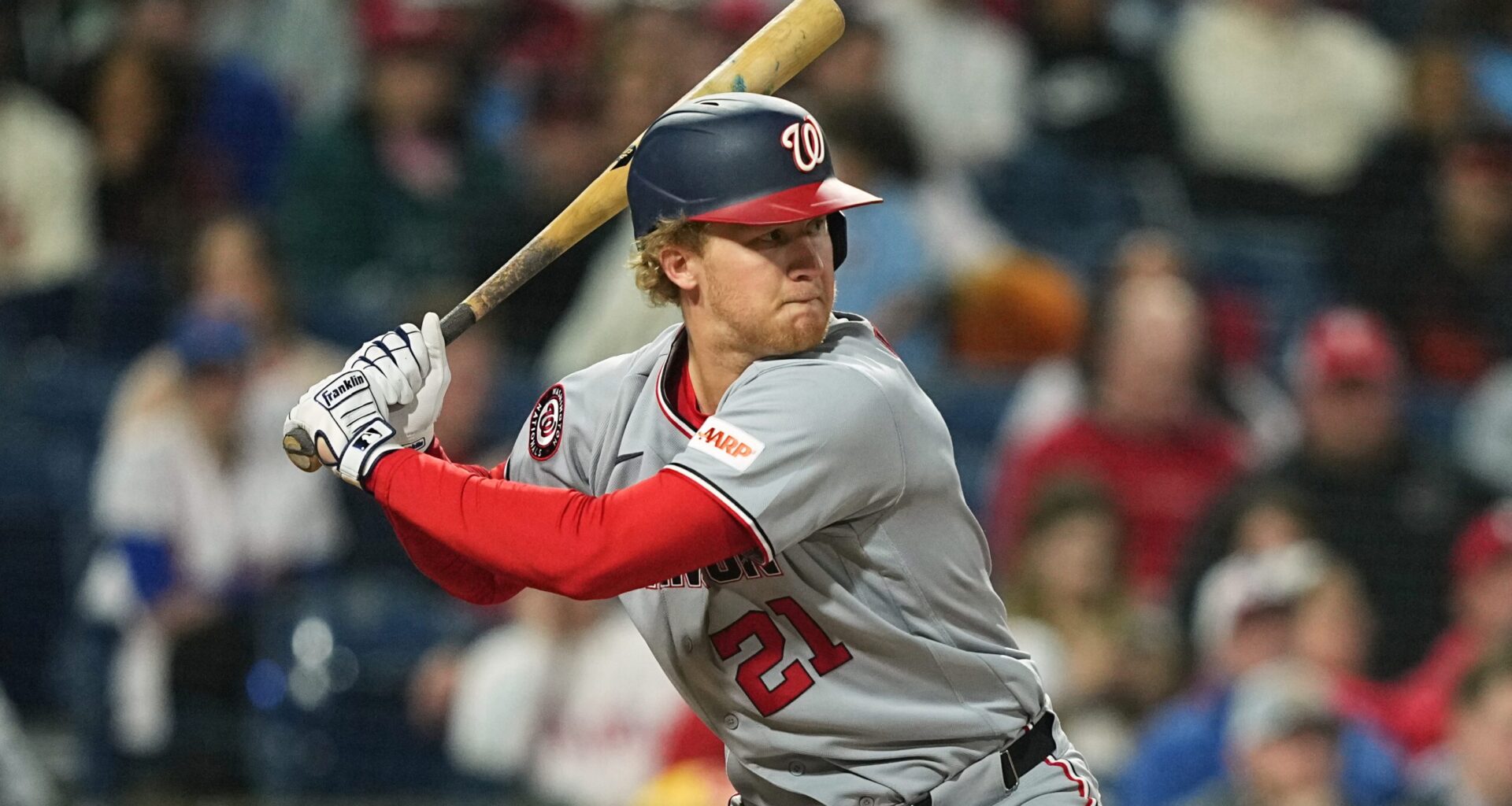 Washington Nationals' Joey Wiemer in action during a baseball game, Monday, March 30, 2026, in Philadelphia. (AP Photo/Matt Rourke)