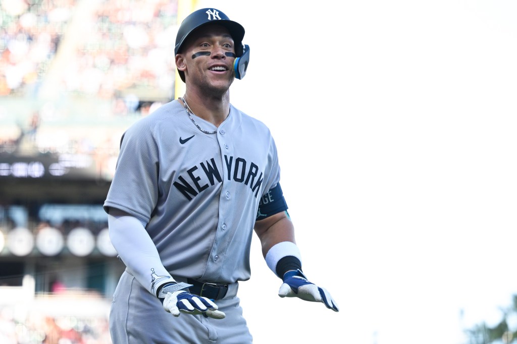 Aaron Judge is all smiles after hitting a solo home run in the fifth inning of the Yankees' 3-1 win over the Giants at Oracle Park on March 28, 2026 in San Francisco.