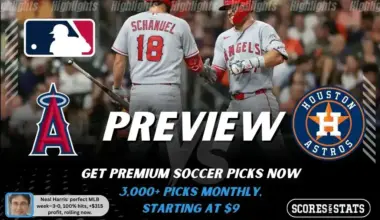 Los Angeles Angels vs Houston Astros preview image with both team logos, a relevant baseball background, and the ScoresAndStats logo.