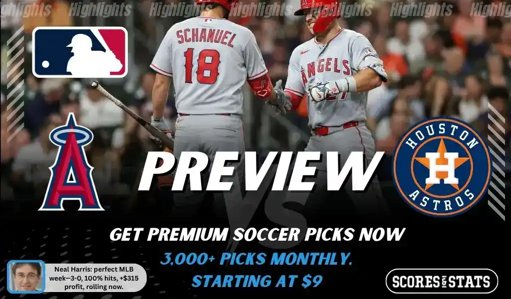 Los Angeles Angels vs Houston Astros preview image with both team logos, a relevant baseball background, and the ScoresAndStats logo.