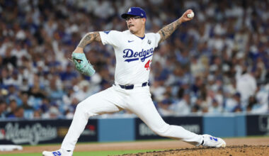 Los Angeles Dodgers pitcher Anthony Banda (43) pitches during the seventh inning against the Toronto Blue Jays during game five of the 2025 MLB World Series at Dodger Stadium.