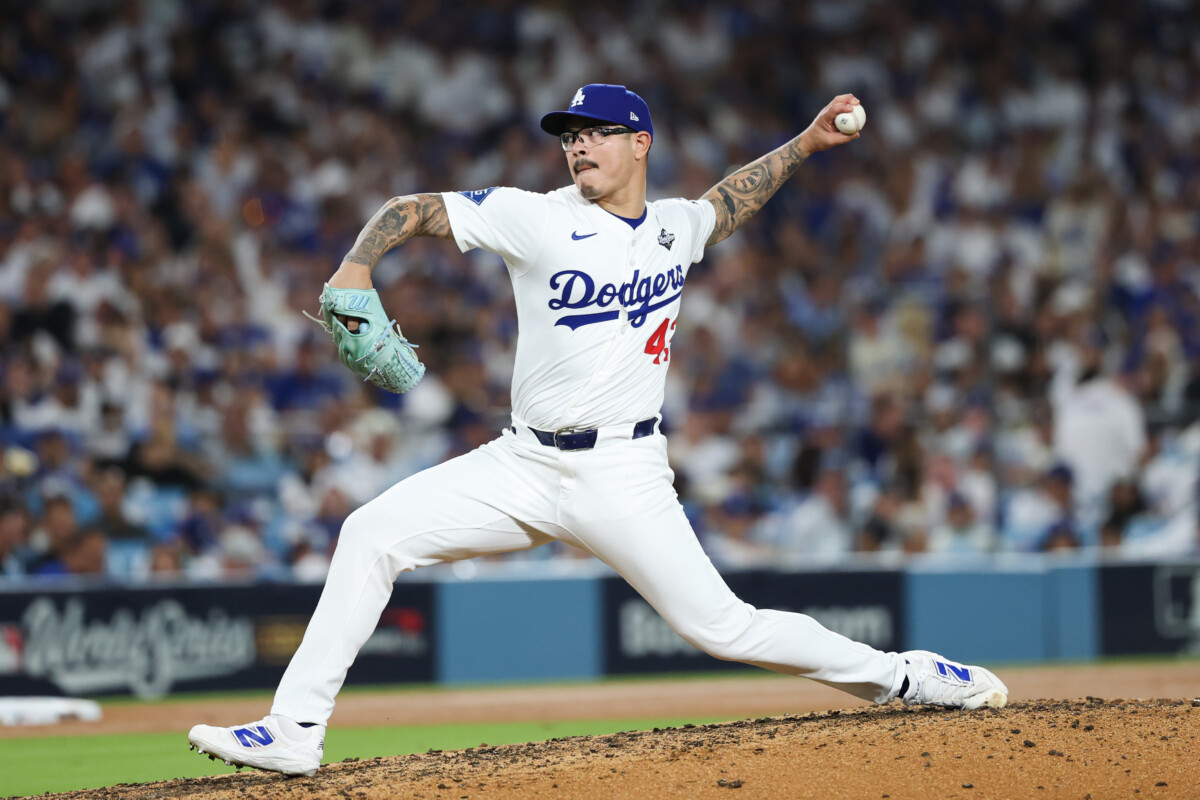 Los Angeles Dodgers pitcher Anthony Banda (43) pitches during the seventh inning against the Toronto Blue Jays during game five of the 2025 MLB World Series at Dodger Stadium.