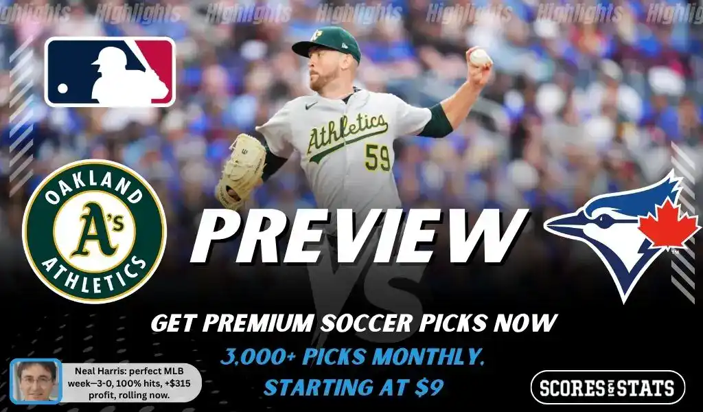Oakland Athletics vs Toronto Blue Jays preview image with both team logos, a relevant baseball background, and the ScoresAndStats logo.