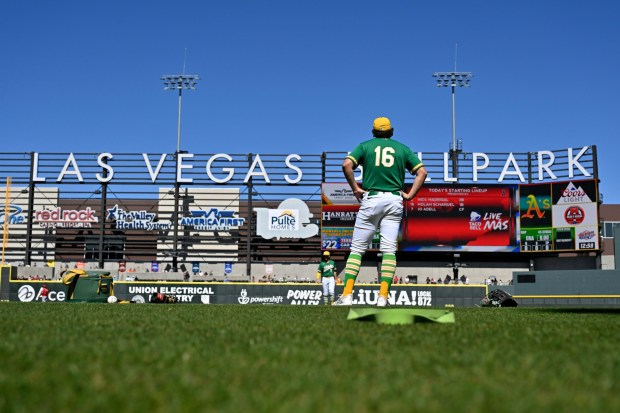 Nick Kurtz #16 of the Athletics warms up before a spring training game against the Los Angeles Angels at Las Vegas Ballpark on March 08, 2026 in Las Vegas, Nevada. The Athletics defeated the Angels 7-4. (Photo by David Becker/Getty Images)