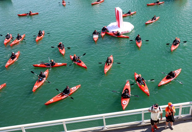 Netflix kayaks float in the bay during Opening Night at Oracle Park in San Francisco, Calif., on Wednesday, March 25, 2026.  (Shae Hammond/Bay Area News Group)
