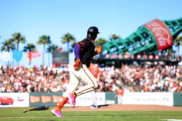 San Francisco Giants' Willy Adames (2) rounds the bases after hitting a solo home run against the Baltimore Orioles in the first inning of their MLB game at Oracle Park in San Francisco, Calif., on Saturday, Aug. 30, 2025. (Ray Chavez/Bay Area News Group)
