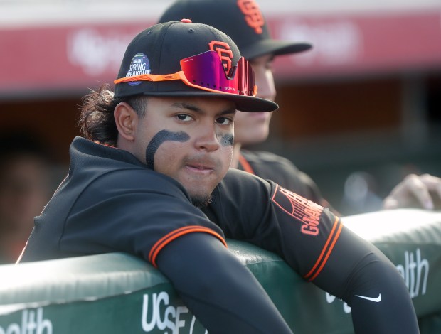 San Francisco Giants prospect Jhonny Level in the dugout during the Spring Breakout game played at Scottsdale Stadium on March 15 2025 in Scottsdale, Arizona. (John Medina/Special to Bay Area News Group)