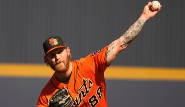 A baseball pitcher in an orange San Francisco Giants jersey with number 88 is mid-throw, wearing a black glove and a cap, with tattoos on his right arm.
