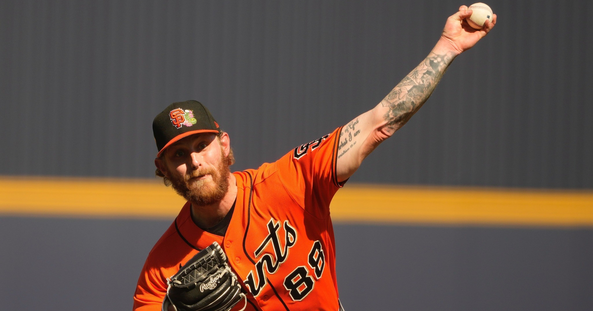 A baseball pitcher in an orange San Francisco Giants jersey with number 88 is mid-throw, wearing a black glove and a cap, with tattoos on his right arm.