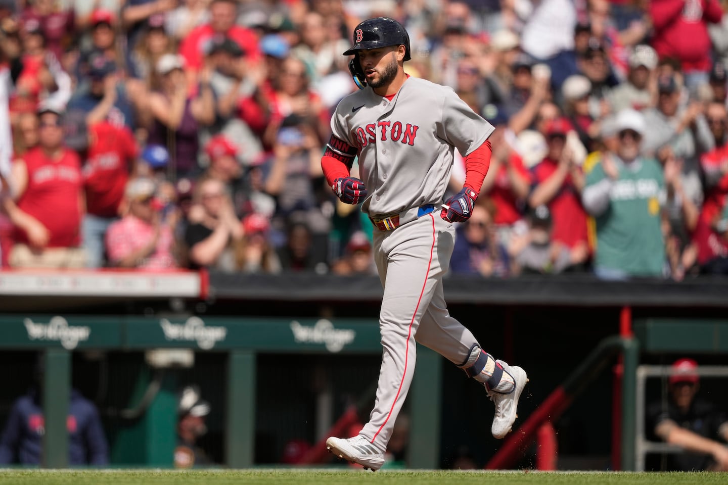Wilyer Abreu rounds the bases after hitting a two-run homer in the fourth inning against Reds on Sunday.