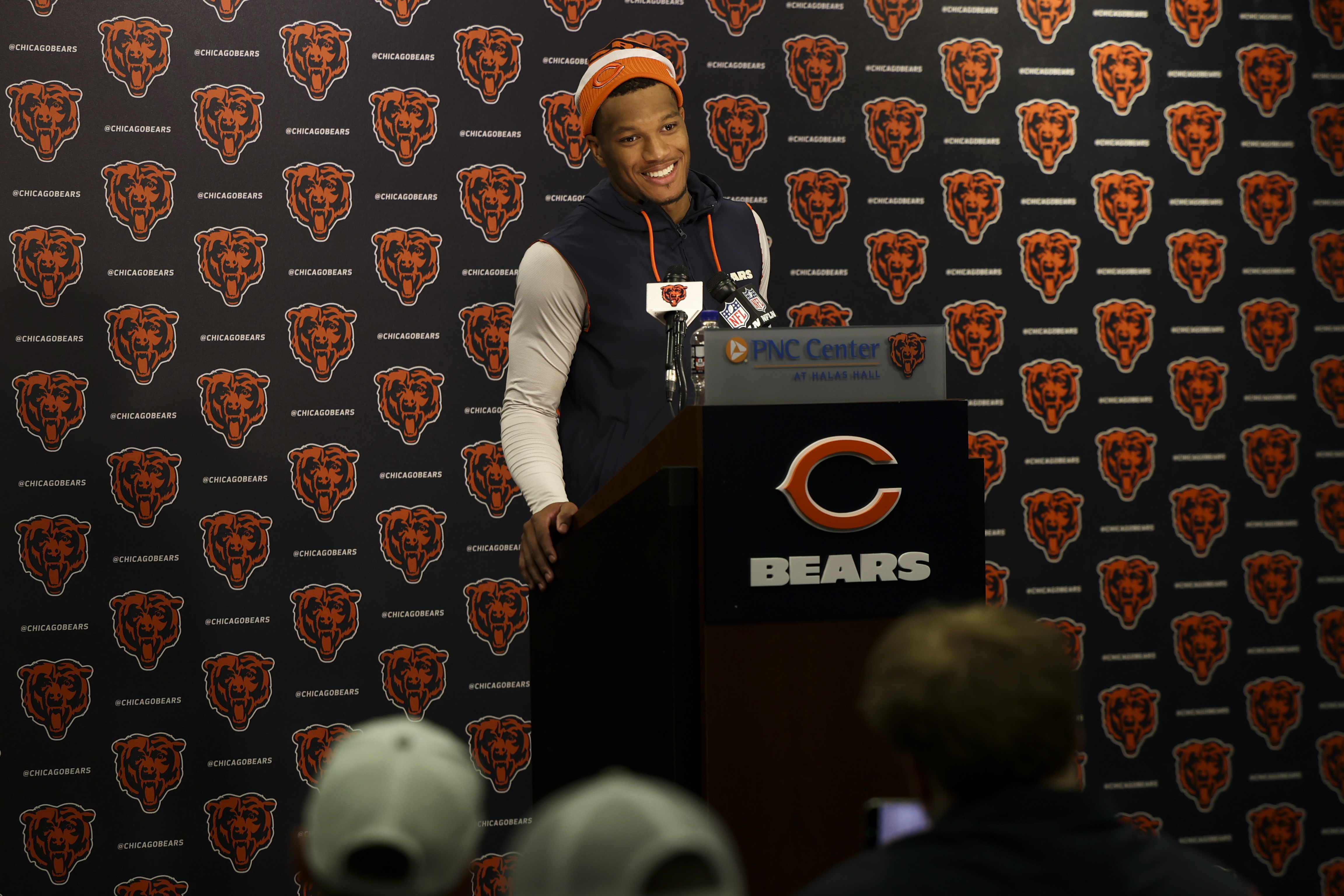 Bears wide receiver DJ Moore answers questions during a news...