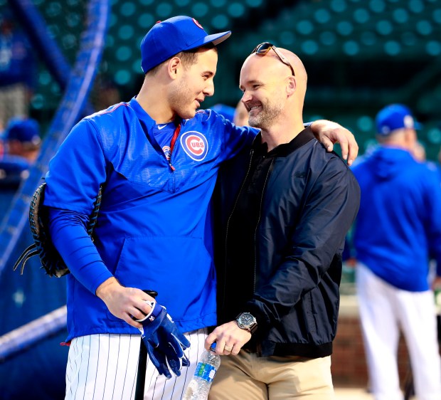 Chicago Cubs first baseman Anthony Rizzo and former Cubs catcher David Ross before the start of Game 4 of the National League Championship Series between the Cubs and the Los Angeles Dodgers at Wrigley Field on Wednesday, Oct. 18, 2017. (Nuccio DiNuzzo/Chicago Tribune)