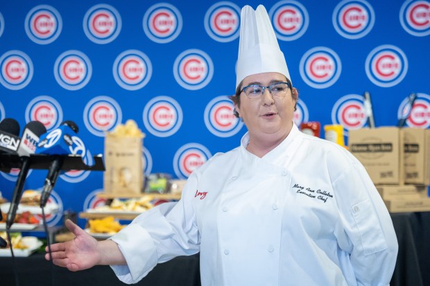 Mary Ann Culleton, executive chef for Levy Restaurants at Wrigley Field, speaks to the media during the Taste of Wrigley Field event on March 20, 2026. (Josh Boland/Chicago Tribune)