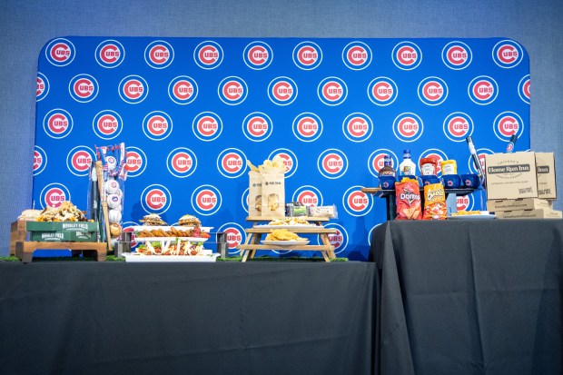 A display of food for the new ballpark menu during the Taste of Wrigley Field event on March, 20, 2026. (Josh Boland/Chicago Tribune)