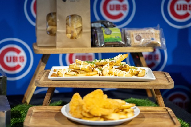 Garlic Parmesan Fries and Chicken Tenders on display during the Taste of Wrigley Field event on March 20, 2026. (Josh Boland/Chicago Tribune)