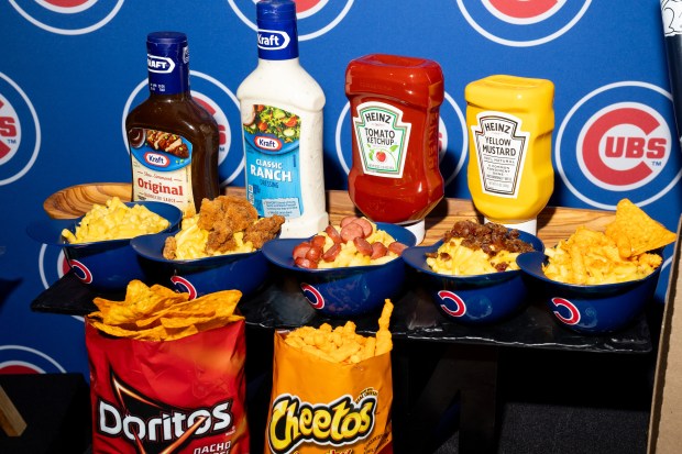 Sunday Kids Build-Your-Own Mac & Cheese on display during the Taste of Wrigley Field event in the Home Plate Room on March 20, 2026. Fans can built their on mac & cheese dish with choice of bacon, chicken, hot dogs, bbq sauce, ranch, ketchup, mustard, Cheetos and Doritos. (Josh Boland/Chicago Tribune)