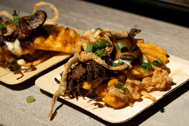 Double Diamond Waffle Fries on display during the Taste of Wrigley Field event on March 20, 2026. The dish includes seasoned waffle fries topped with braised beef short rib, bacon, mushrooms, fried onions, scallions and fontina cheese sauce. (Josh Boland/Chicago Tribune)