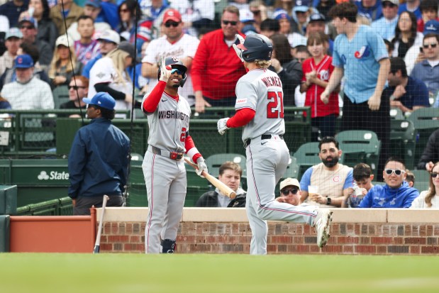 Washington Nationals left fielder Joey Wiemer (21) celebrates after he hit a home run during the first inning against the Chicago Cubs at Wrigley Field on Sunday, March 29, 2026. (Eileen T. Meslar/Chicago Tribune)
