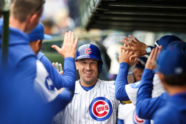 Chicago Cubs third baseman Alex Bregman (3) celebrates in the dugout after hitting a home run during the fourth inning against the Washington Nationals at Wrigley Field on Sunday, March 29, 2026. (Eileen T. Meslar/Chicago Tribune)