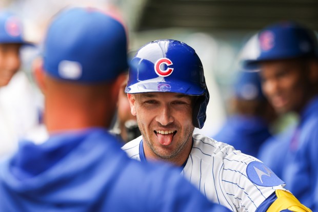 Chicago Cubs third baseman Alex Bregman (3) celebrates in the dugout after hitting a home run during the fourth inning against the Washington Nationals at Wrigley Field on Sunday, March 29, 2026. (Eileen T. Meslar/Chicago Tribune)