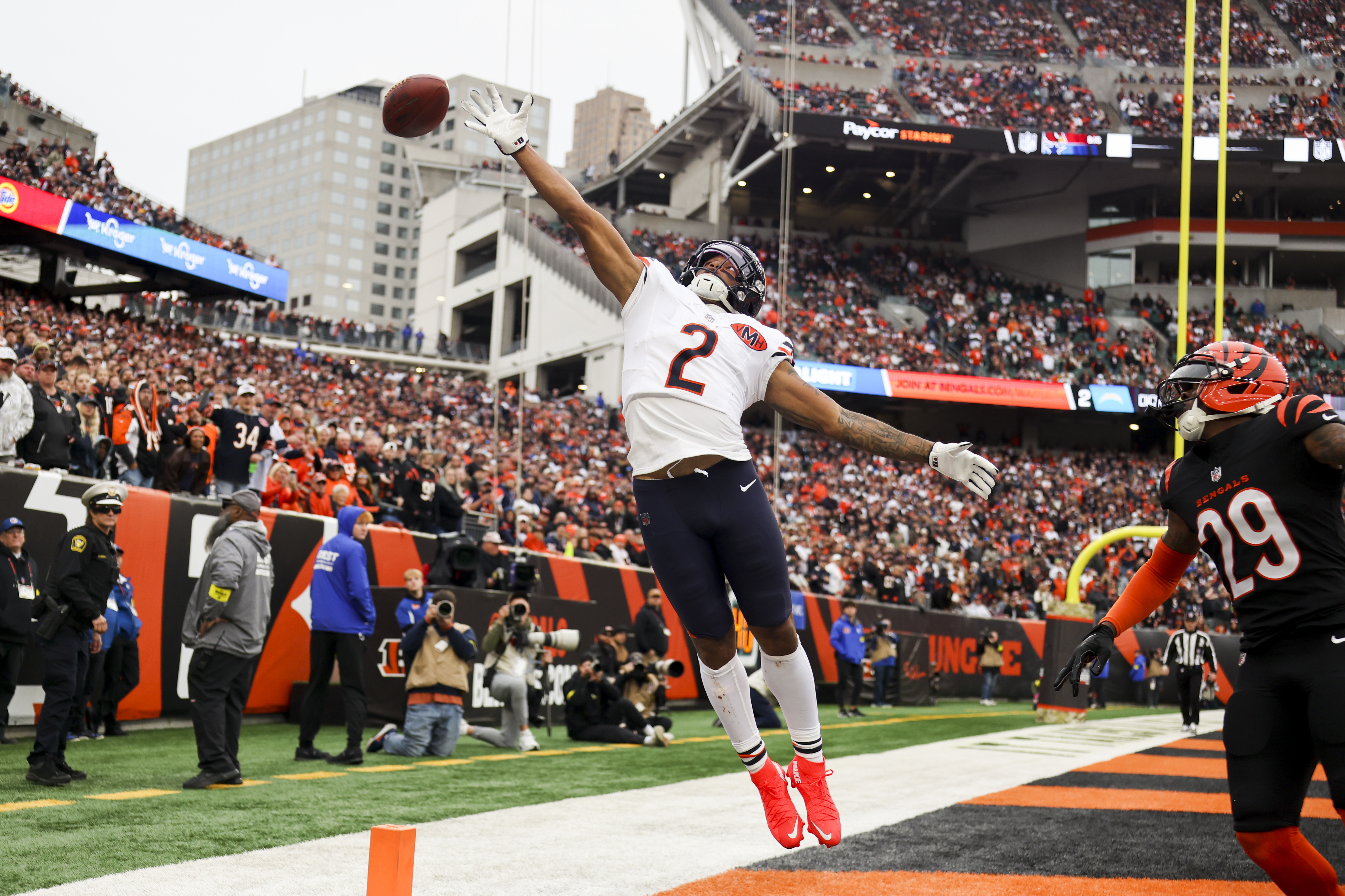 Chicago Bears wide receiver DJ Moore (2) misses a high...