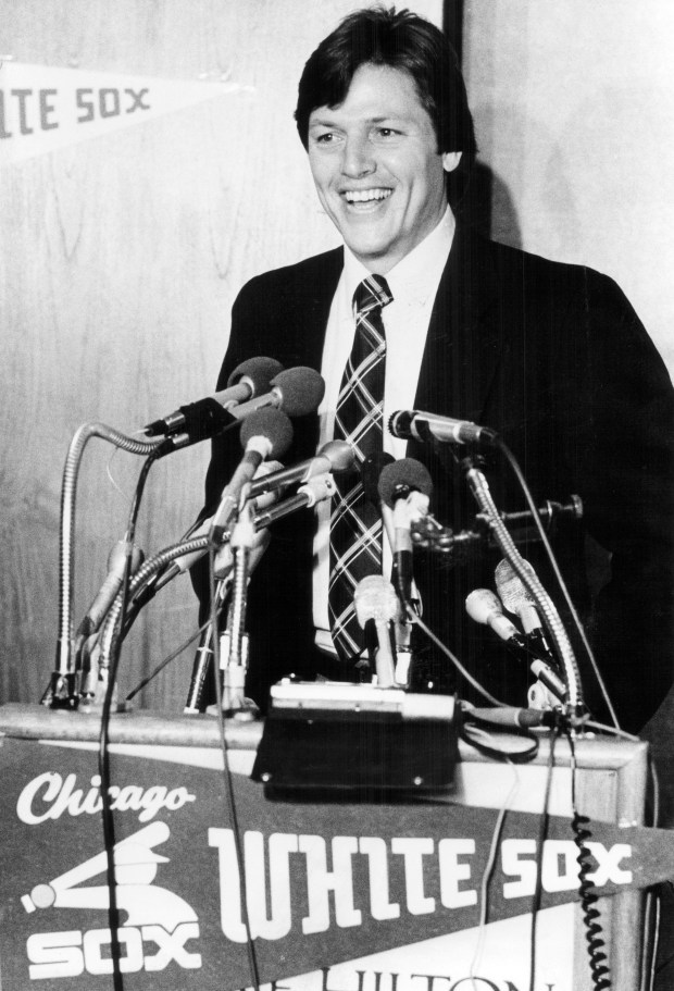 Carlton Fisk is all smiles as he answers questions at a press conference on March 9, 1981, after agreeing to a White Sox contract. Fisk, a catcher, has spent his entire major league career with the Boston Red Sox. (Ovie Carter/Chicago Tribune) 