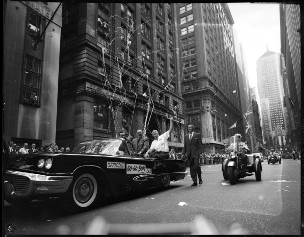 Charles Comiskey, in car from left, Mayor Richard J. Daley and Bill Veeck in a Chicago White Sox ticker-tape American League victory parade down LaSalle Street heading for City Hall on Sept. 24, 1959. (Chicago Tribune historical photo)