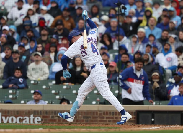 Cubs center fielder Pete Crow-Armstrong breaks his bat in frustration after popping out against the Nationals in the fifth inning on opening day Thursday, March 26, 2026, at Wrigley Field. (Brian Cassella/Chicago Tribune)